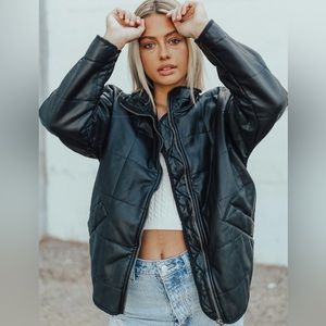 Free People Quilted Vegan Leather Dolman Jacket in Black.